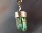 Tourmaline  Crystal necklace pendant with chain - Tri Color yellow green blue tourmaline - terminated crystal with point silver cap