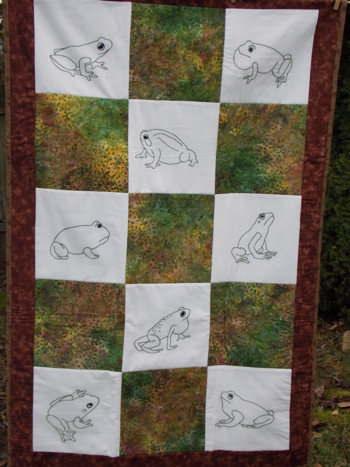 Hand Embroidered Frog Quilt. Woodsy Emerald Green and Warm Tofee Brown Batik Frog Quilt.