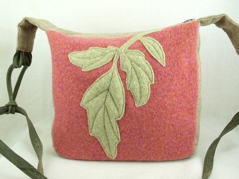 Linen and Wool Tote Bag Appliqued Canvas and Pink Felted Wool Shoulder Bag Recycled Messenger Bag Lined Leather Strap