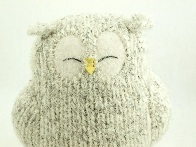 Upcycled Owl Home Decor Light Grey Sleepy Owl Felted Wool Lamb Wool Stuffing Nursery Decor Eco Friendly