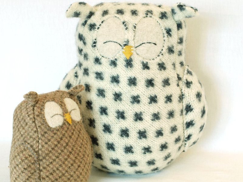 Big Owl Felted  Wool Recycled Home Decor Owl with Lamb Wool Stuffing White with Dark Grey Spots Eco Friendly