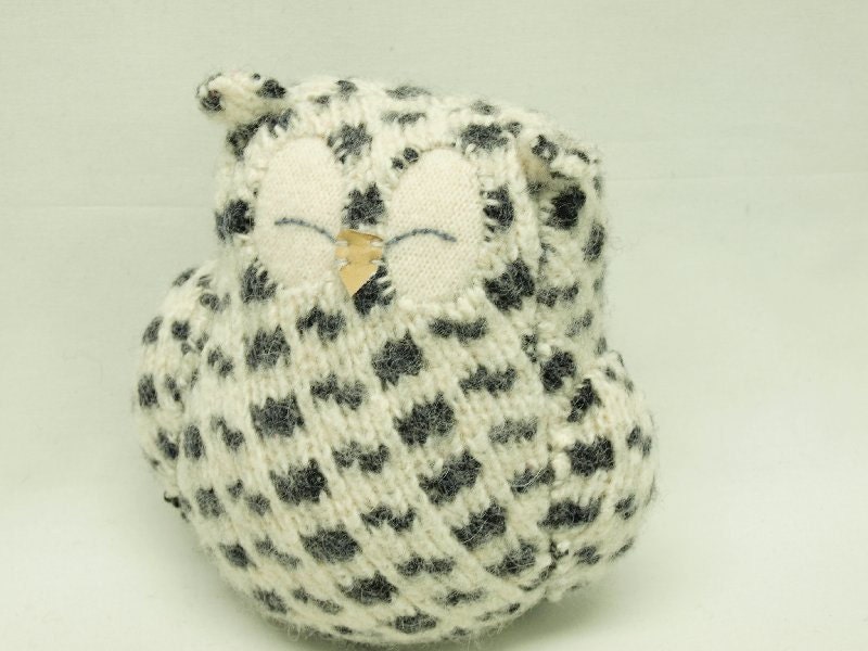 Recycled Sleepy Owl White and Grey Felted Wool Lamb Wool Stuffing Eco Friendly Home Decor Ornament Height 7"