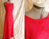 Formal Maxi //60s Dress // Vintage 1960s True Red Satin Brocade Maxi Dress with Rose Pattern Size M