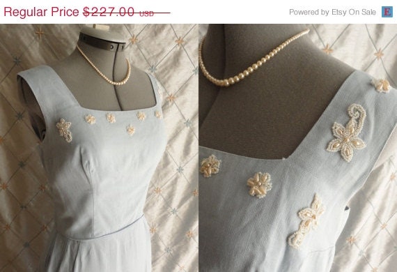 Sale 50s Dress // Wiggle Dress // Vintage 1950s Sky Blue Linen Dress with Beads and Pearls by Peggy Hunt Size M