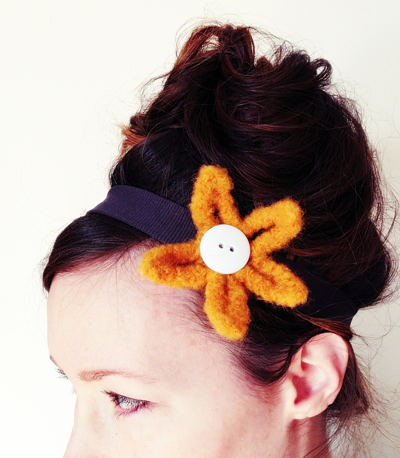 24 Karat HEADBAND - Ages 2 to Adult, Rich Gold Felted Flower, Gray Band, White Button, Earthy, Trendy, Sophisticated, Sweet, Yarnival.