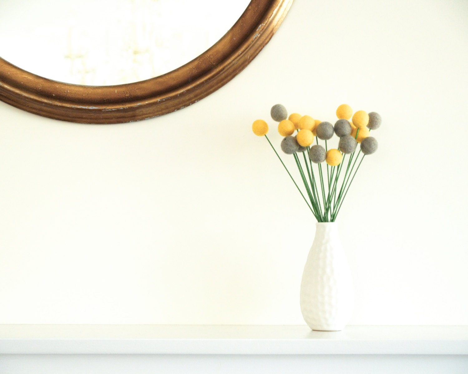 Yellow and Grey Felt Flowers, Craspedia felted blooms, billy button balls, everlasting home decor modern mod Geometric