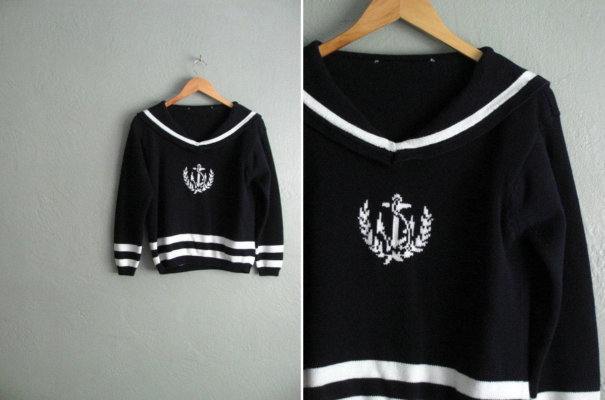 r e s e r v e d . vintage navy blue NAUTICAL knit ANCHOR sweater with SAILOR collar. size m l.