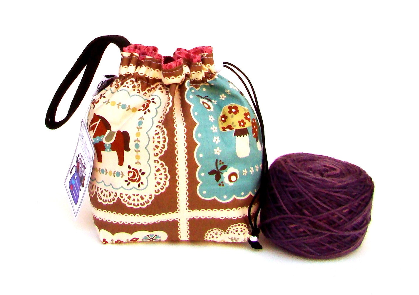 Drawstring Project Bag Sock Bag Small Knitting Bag - Knitting Crochet - Vintage Quilt