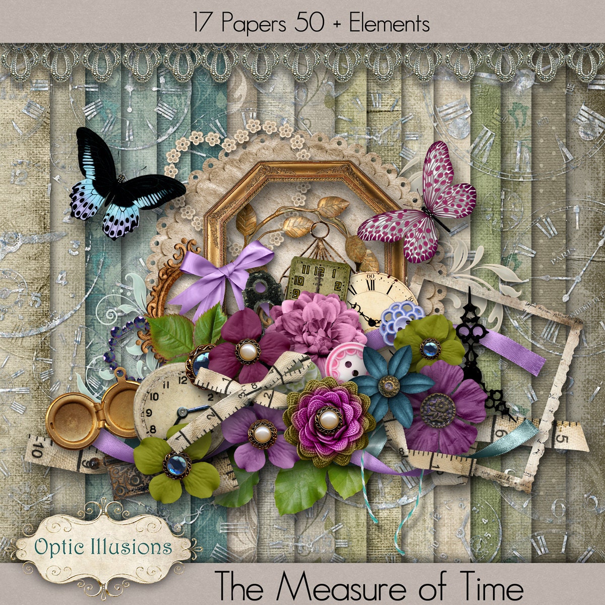 New - The Measure of Time - Digital Scrapbooking Kit - 17 Papers Over 50 Elements -