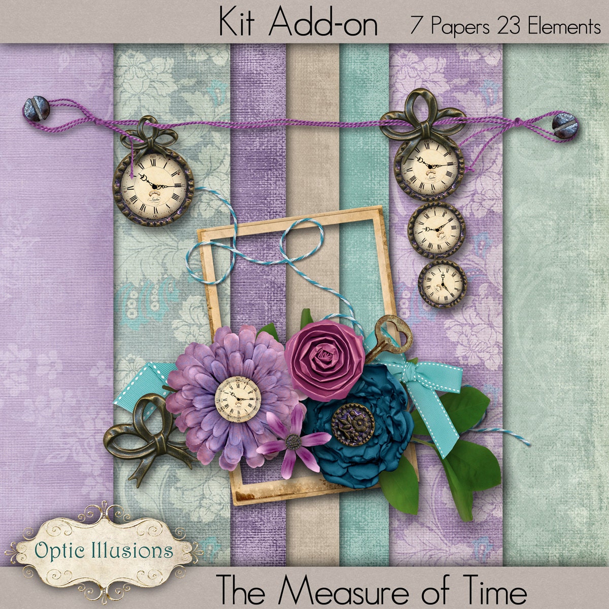New - The Measure of Time - Add-On Mini -  Digital Scrapbooking Kit - 7 Papers - 23 Elements -