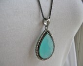 Aqua Dream -- Aqua Faceted Chalcedony, Black Oxidized Sterling Silver, Rhinestones, Black Sterling Chain