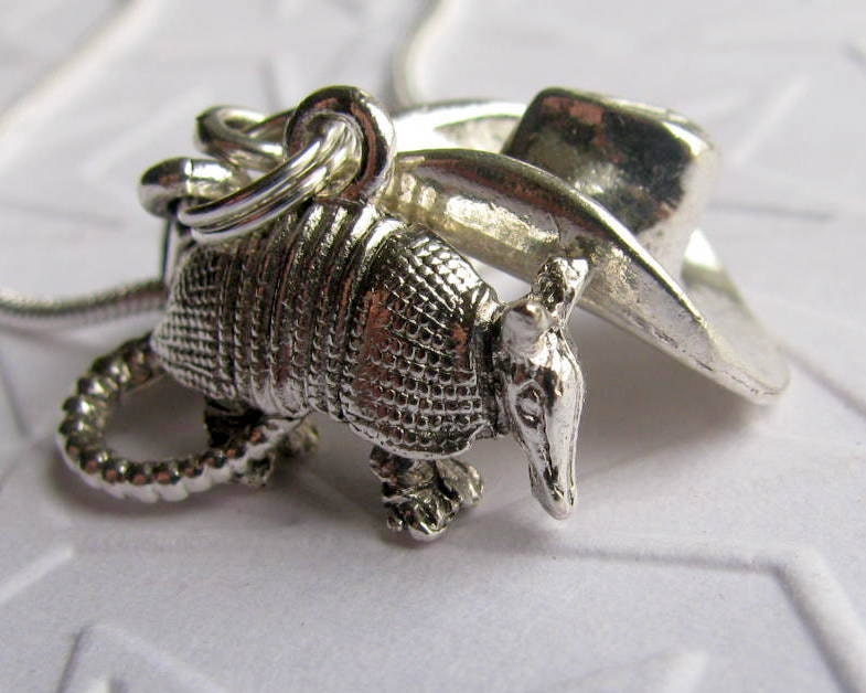 Armadillo and Cowboy Hat charm necklace, antiqued silver pewter, Texas, rodeo jewelry, Wild West, Western wear, miniature desert animal