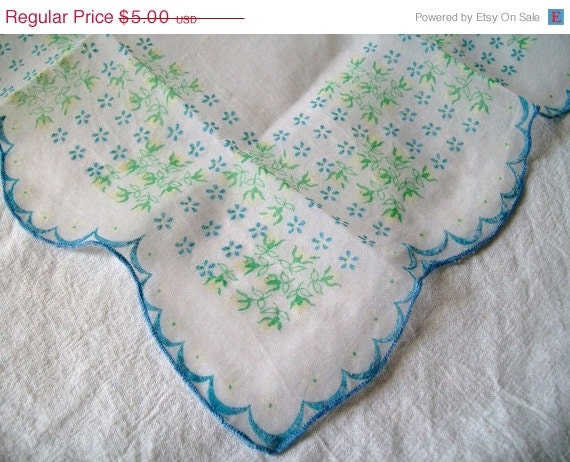 MEMORIAL DAY SALE Vintage Hankie,  Handkerchief,  Blue and White Hankie, Flowered Hanky