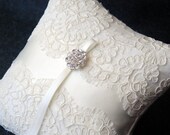 Ring Bearer Pillow - Ivory Lace Ring Pillow With Ivory Panel and Rhinestones - Blair
