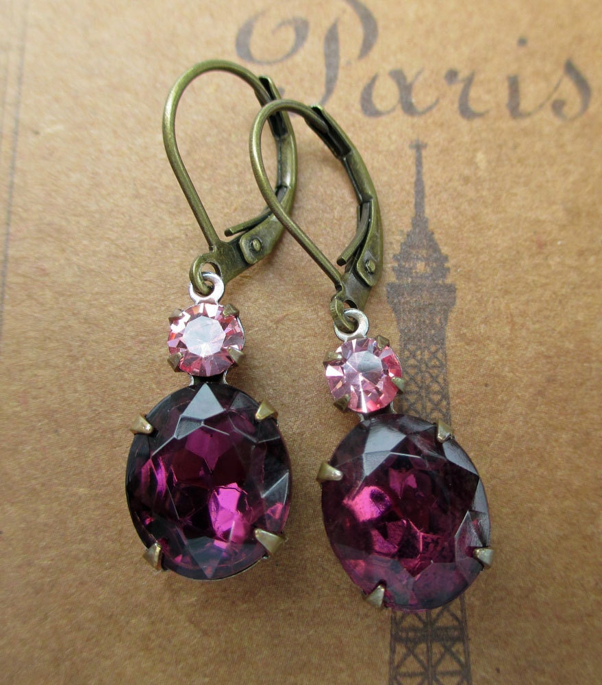 Dangle Purple Earrings Vintage Jewelry Rhinestone Estate Style  MYSTERE Amethyst
