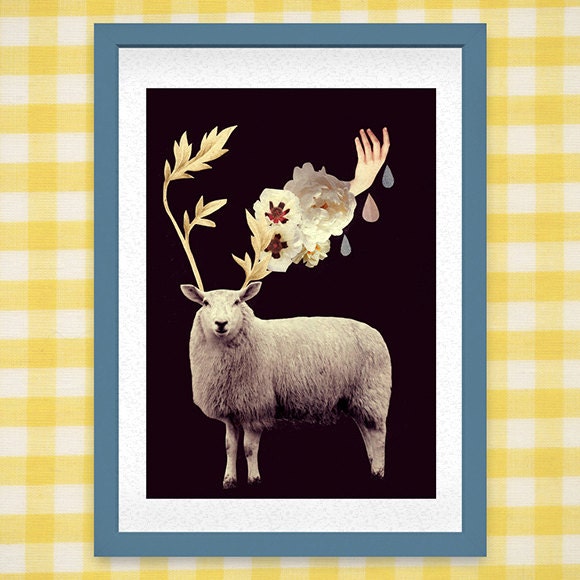 i find you hidden there - A4 art print - illustration, collage, animal, flowers, poster, wall art, home decor