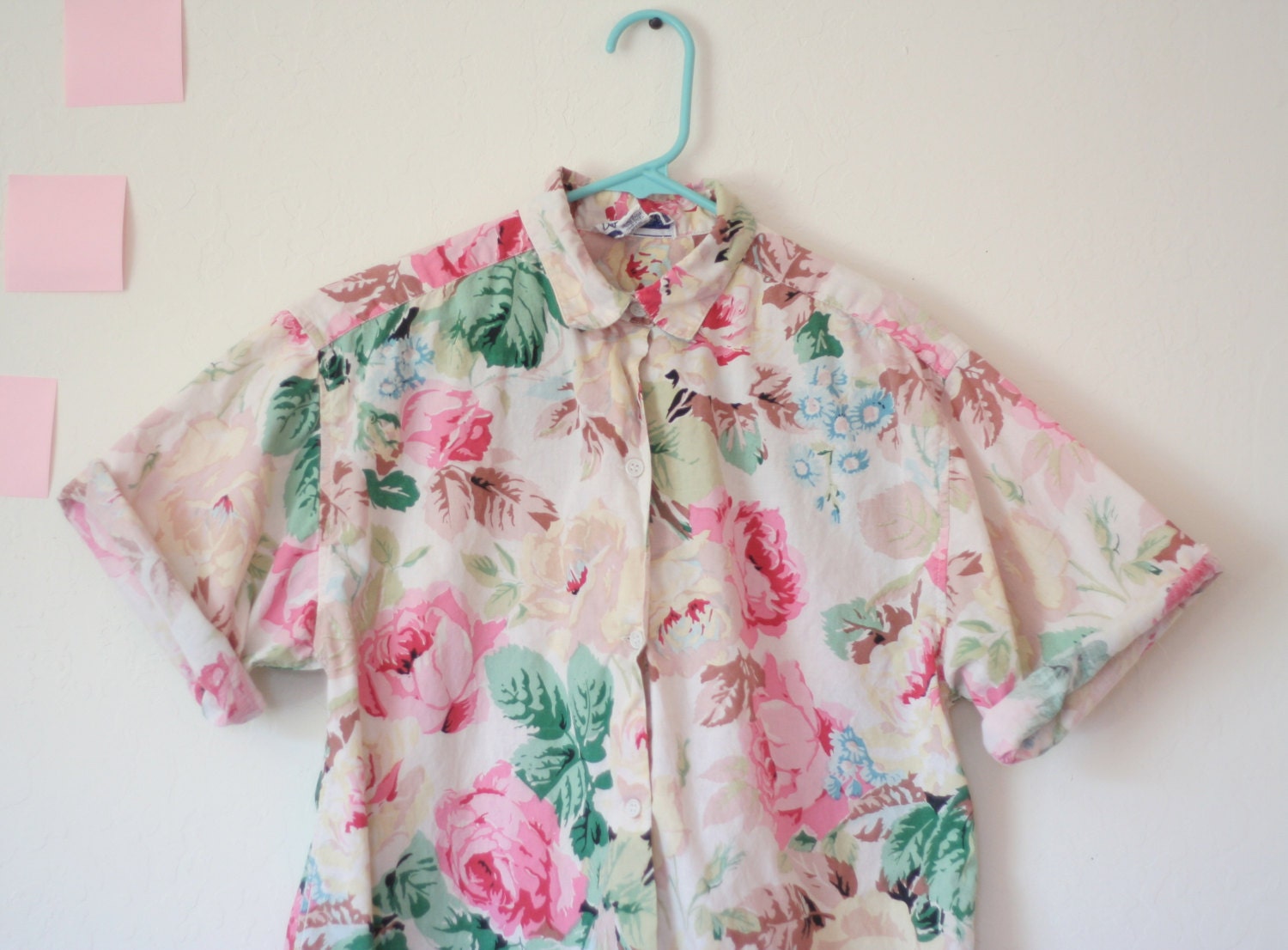 Pink Cotton Floral Print Shirt Blouse Vintage Large 80s Spring