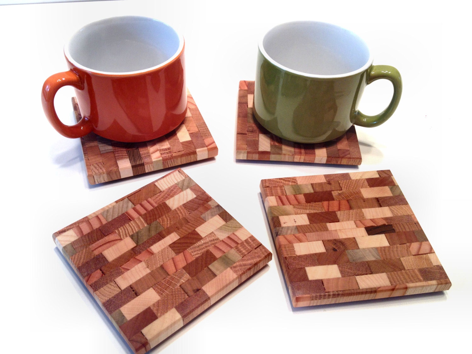 4 Coaster Set - Unique, Elegant, Handmade Multi-wood Mosaic Coasters - Coffee coasters - Hand crafted mosaic wood art