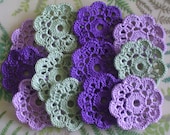 12 Crochet Mini Doilies, Appliques, Embellishments - frosty green, wood violet, purple