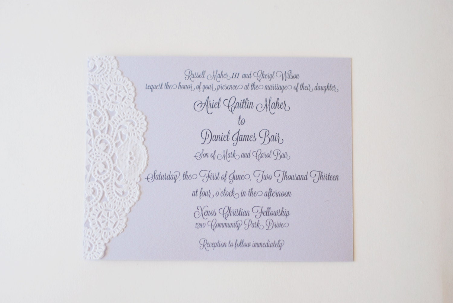 Custom Lavender and Lace Doily Invitations - Shabby Chic - Handmade - Wedding - Baby or Bridal Shower  - Engagement Party