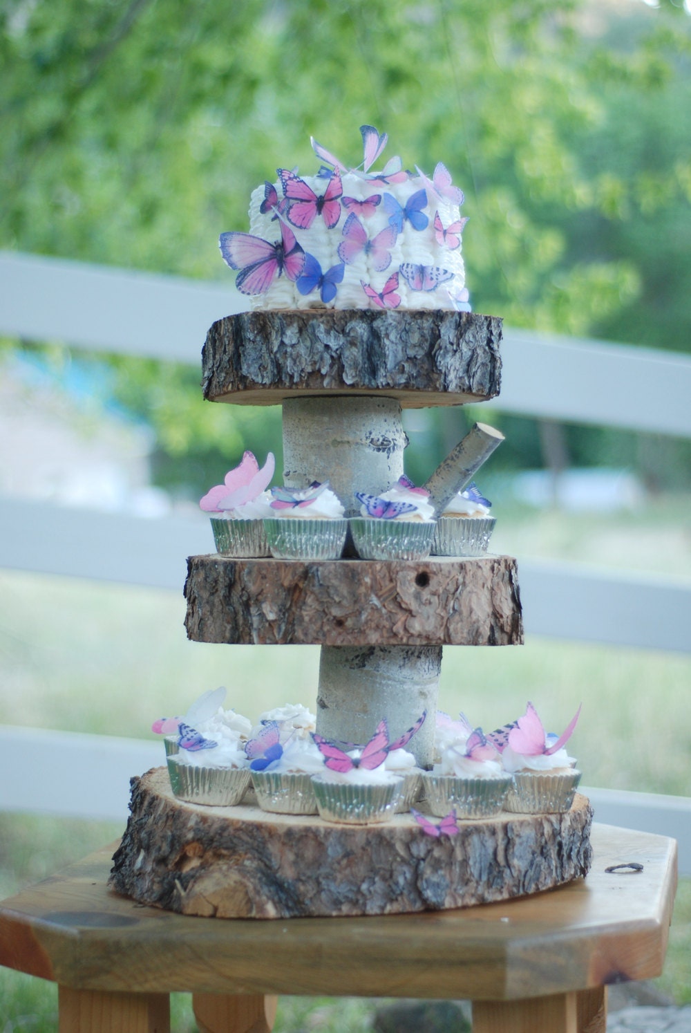 Custom for Justine - sizes 10-12, 14-15, 18 - Rustic Wood Tree Slice 3-tier Cake and Cupcake Stand for your Wedding, Event, or Party