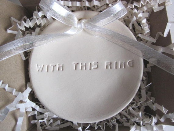 Ring bearer pillow - With this ring - Antique White dish, ceramic wedding ring dish,  Ring holder, porcelain