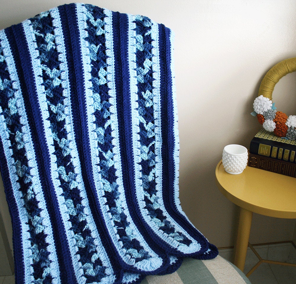 Shades of Blue Afghan - Crochet Throw Blanket Bedding A Mile A Minute Stitch