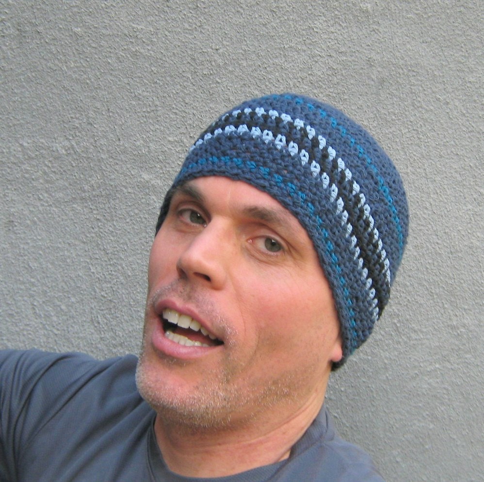 short men's beanie/ denim blues cotton crochet