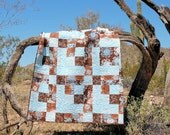 Modern Lap Quilt or Sofa Throw in Chocolate Brown and Aqua Blue