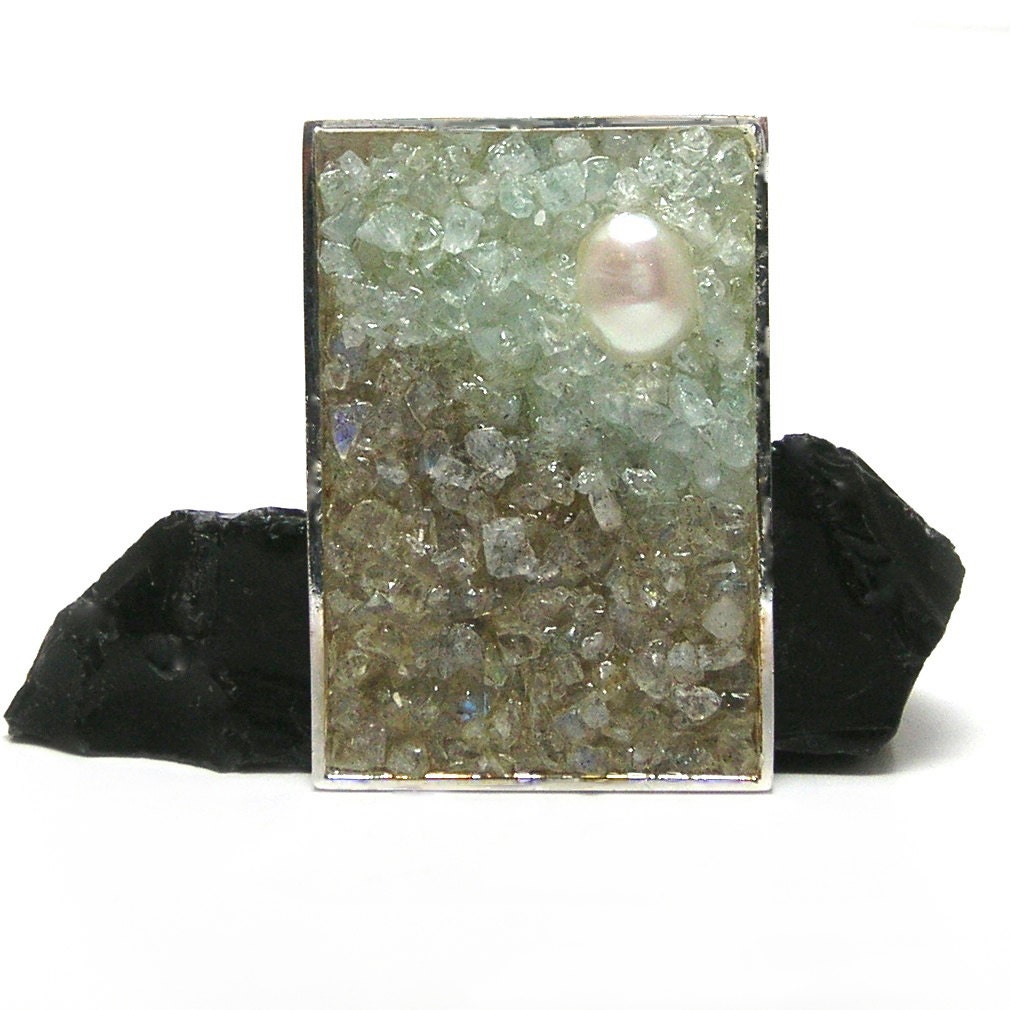 Gemstone Brooch - Landscape Pearl, Aquamarine and Labradorite - Mosaic Jewelry