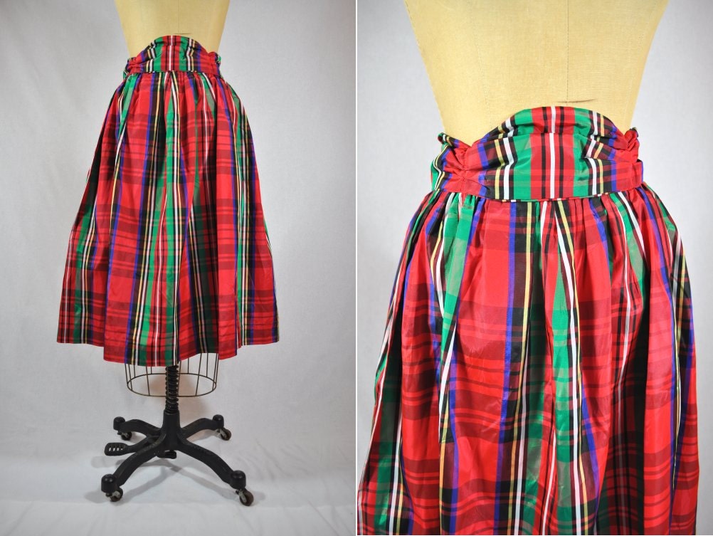 vintage plaid skirt 1980s red holiday high waist S