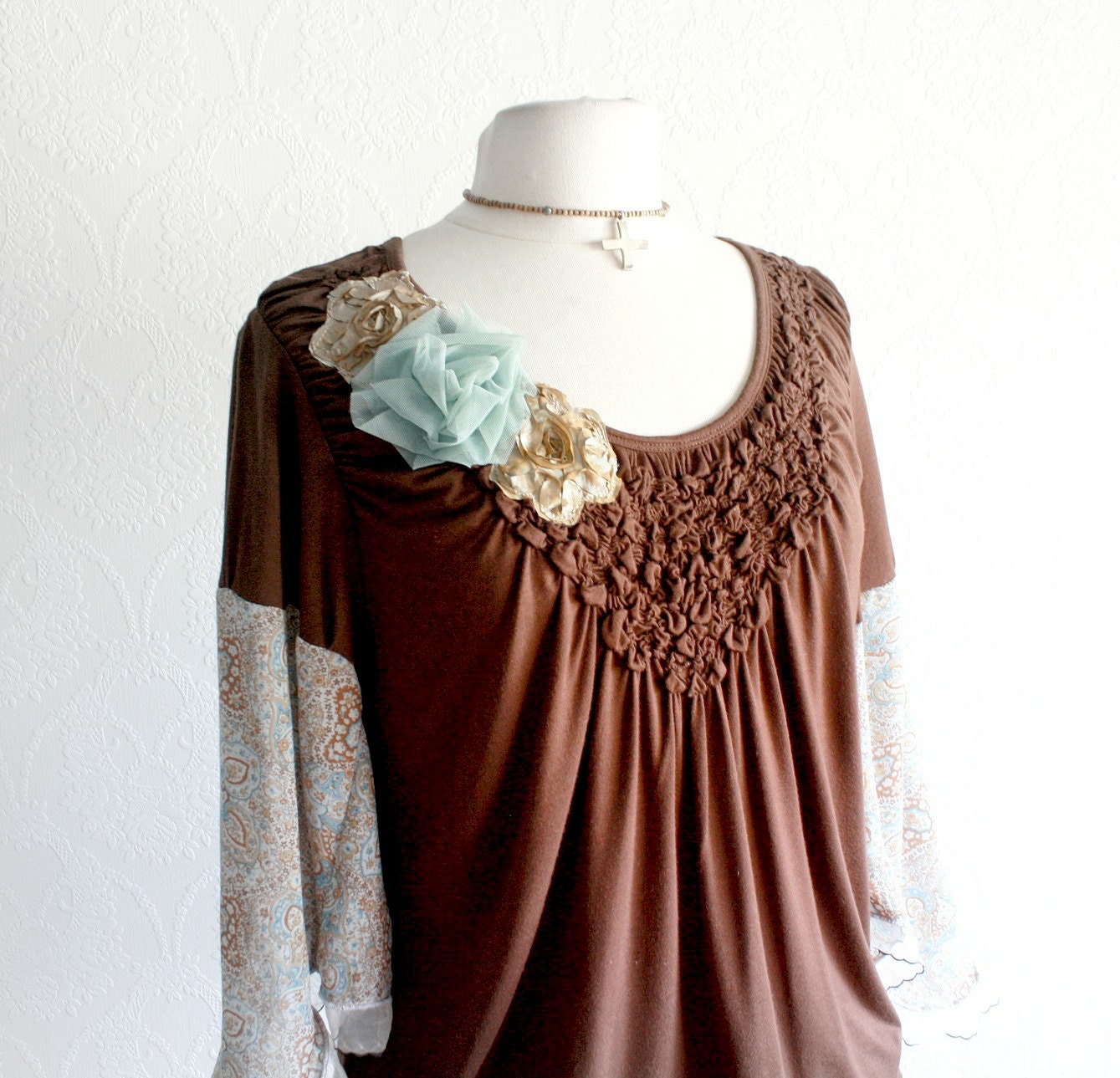 Boho Women's Top Bell Sleeves Retro Clothing Brown Upcycled Shirt Eco Fashion Blousy Style Shabby Chic Clothes Large 'JULES'