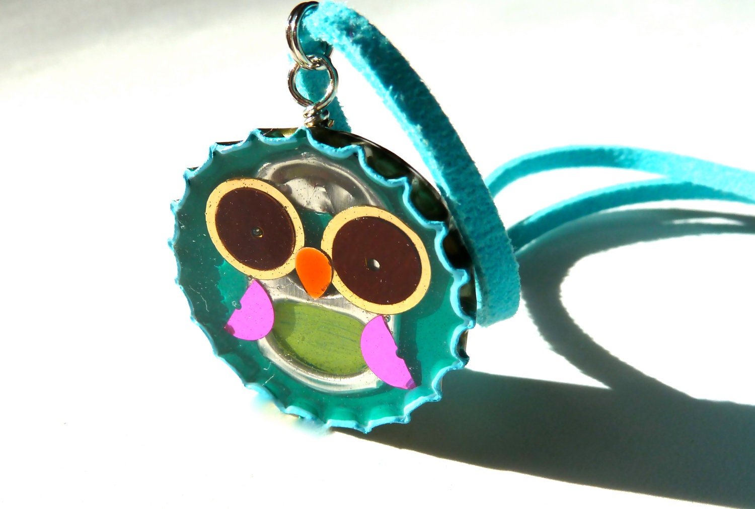 Bottle cap- resin inlay- blue owl -necklace-soda can tab -mixed media-recycle