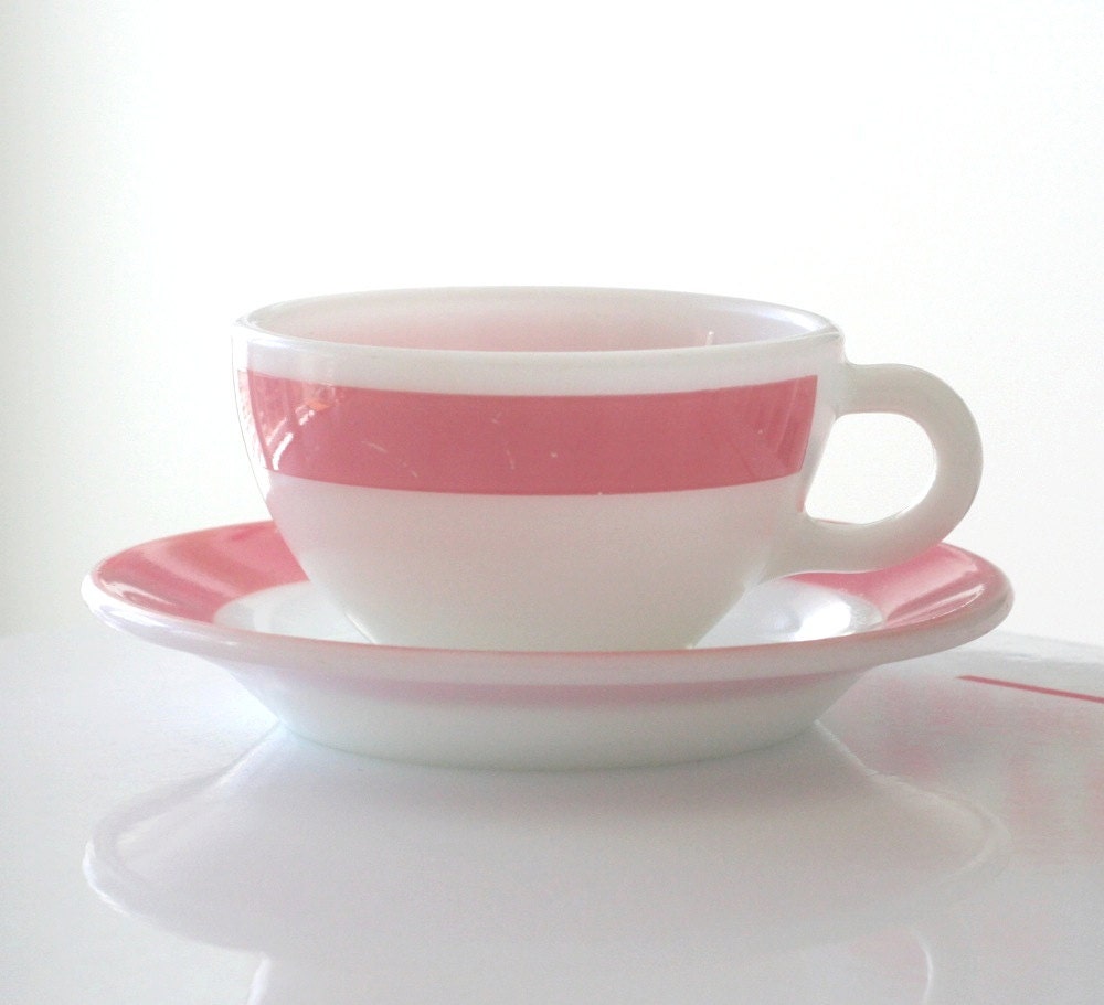 Pyrex Double Tough Milk Glass with Pink Stripe Saucer