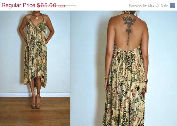 Memorial Day Sale Upcycled Vintage Tan and Olive Multi Ethnic Zebra Animal Print Halter Frock S/M
