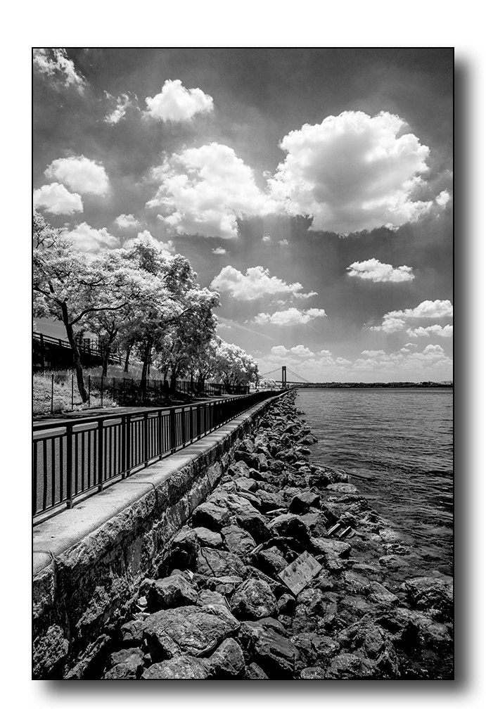 Infrared Fine Art Photography, Special Black and White, White Clouds, Shore With Rocks, Bicycle Path and Highway
