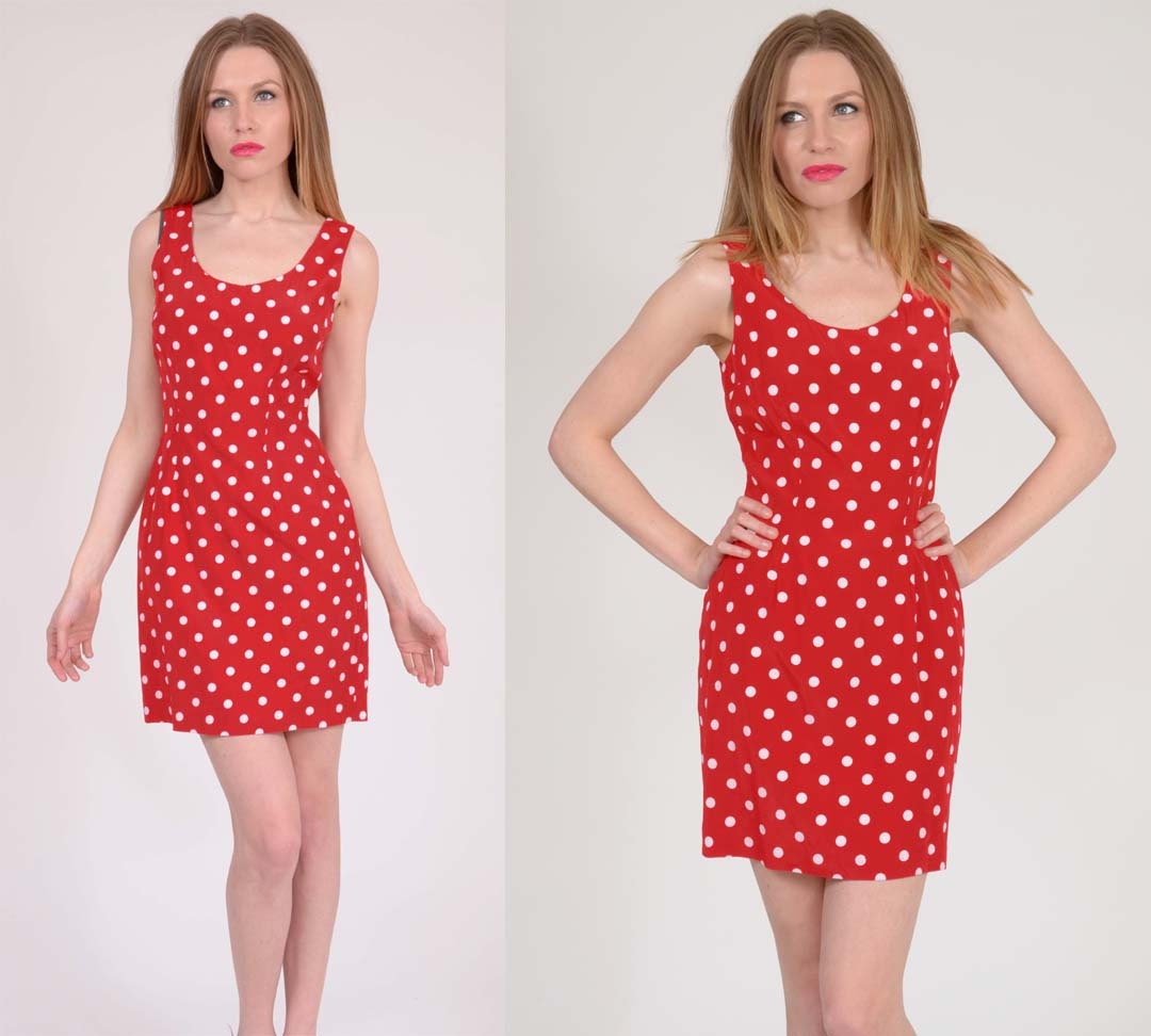 Vintage 80s POLKA DOT Mini Dress Red Body Con Shift