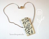 Bird scrimshaw pendant vintage ivory piano key necklace etching sterling silver chain upcycled eco friendly