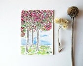Spring Blossoms ACEO miniature watercolor painting cherry trees nature landscape with mini easel