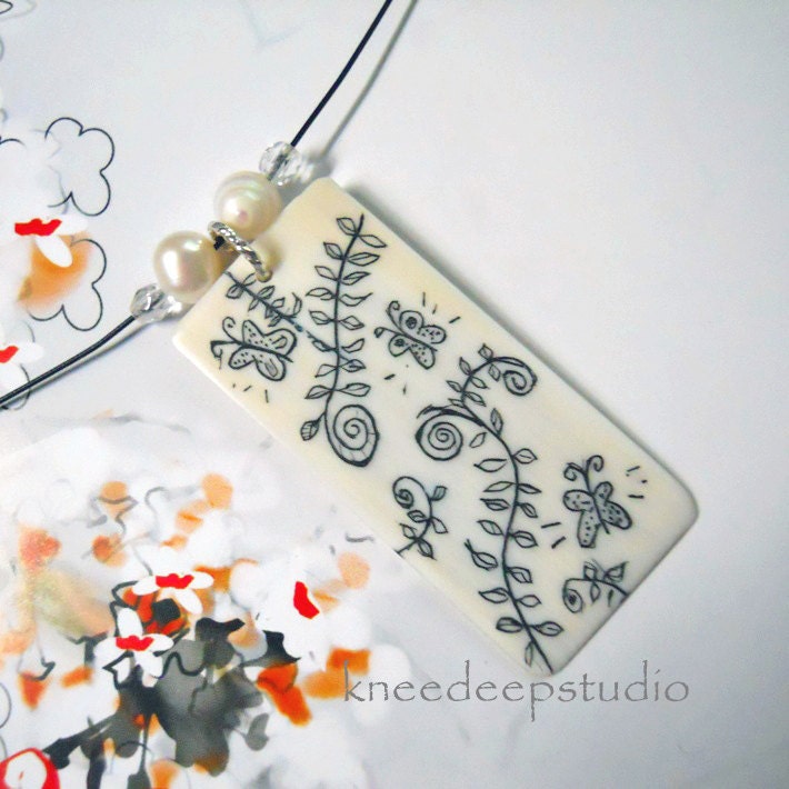Botanical Butterfly Necklace upcycled vintage ivory Scrimshaw Pendant on piano key eco friendly gift for mom original one of a kind