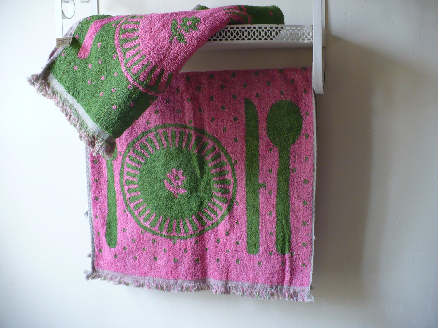 Pair of Pink and Green Terry Cloth Hand Towels Tea Towels