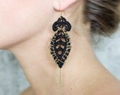 Alice Stitched leaves - lace and chain earrings in silver or gold
