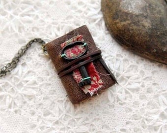 The Keyper - Miniature Wearable Book, Brown Reclaimed Leather, Tea Stained Pages, Vintage Fabric, Tiny Vintage Key, OOAK