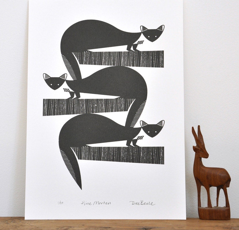 Pine Martens Printed in Warm Black - An Original Hand Pulled Gocco Print