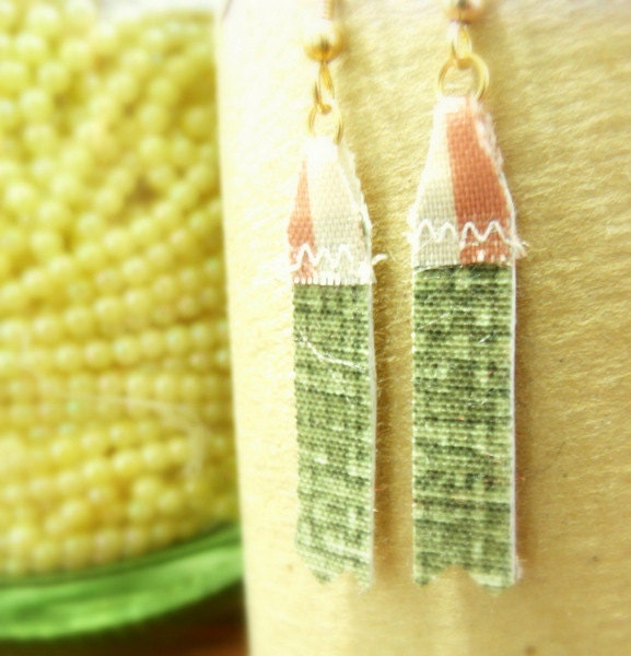Mini fringe earrings handmade from recycled designer fabric books in Atlanta. green and pink.