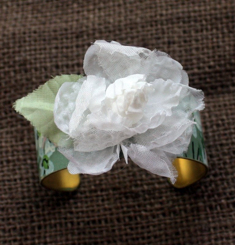 Vintage Floral Wallpaper Cuff Bracelet with Organza Millinery Embellishment