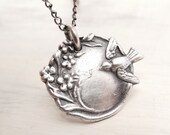 Bird Necklace Blossom Necklace pmc jewelry precious metal clay oxidized sterling silver chain and fine silver disc pendant
