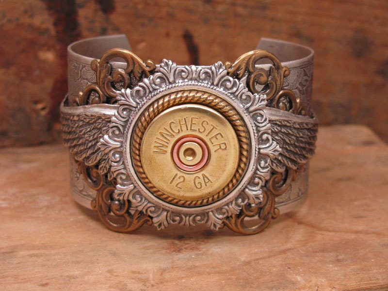 Shotgun Casing Jewelry - 12 Gauge Shotgun Shell Steampunk Inspired Mixed Metal Cuff Bracelet
