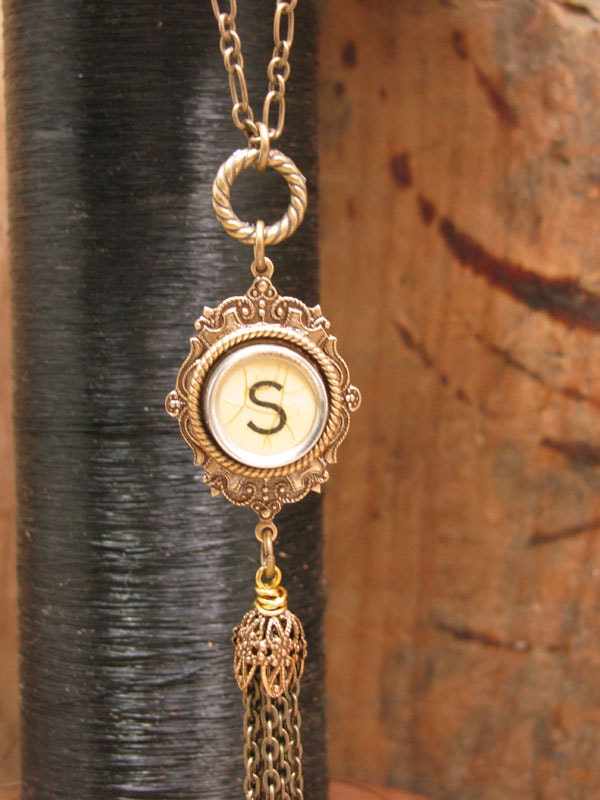 Typewriter Key Necklace - NEW DESIGN - Initial S - Long Length Slim Style Typewriter Key with Tassel Necklace - Simple, Fashion Forward