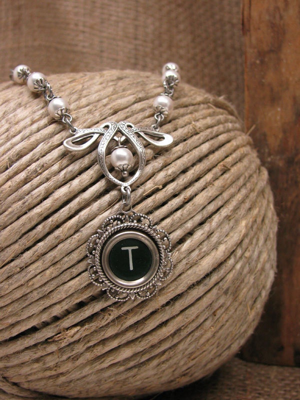 Typewriter Key Jewelry - Authentic Hunter GREEN Initial "T" Typewriter Key Antique Silver Ribbon Style Necklace - White Swarovski Pearls